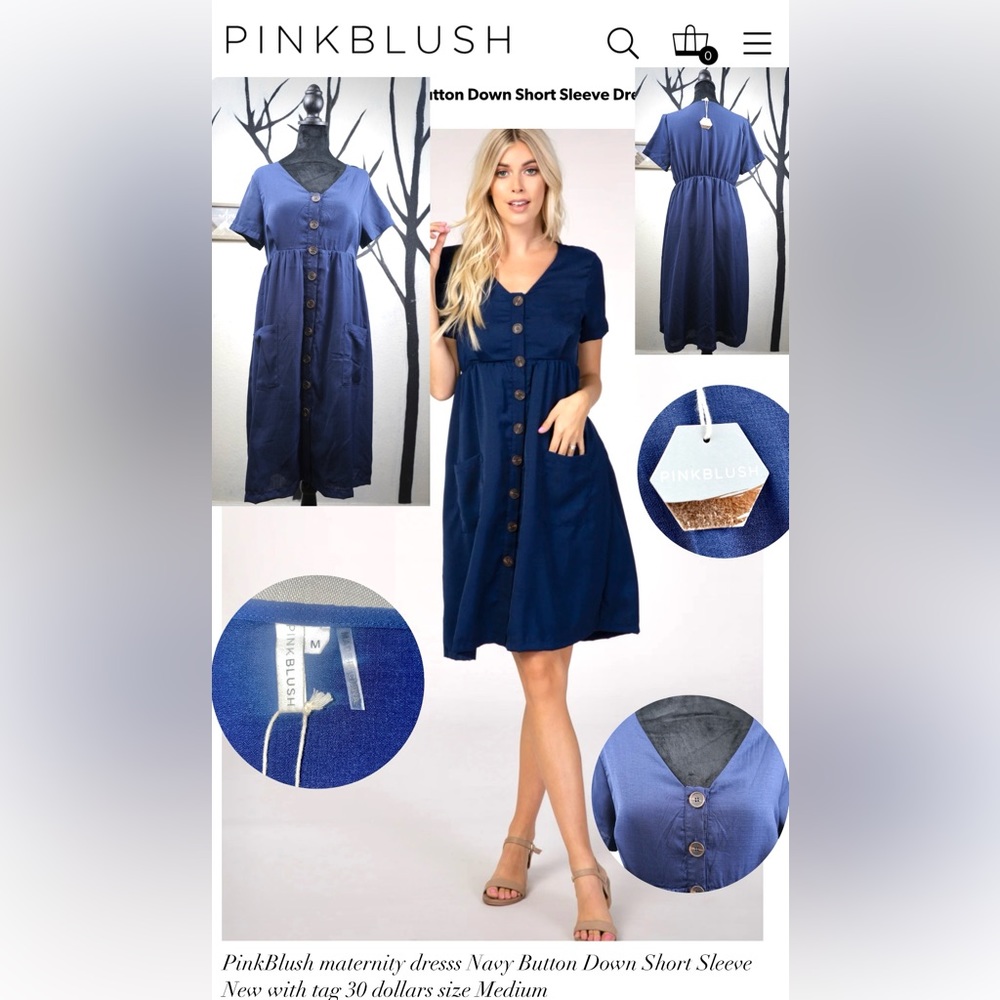New PinkBlush maternity dress Navy Button Down Short Sleeve size Medium